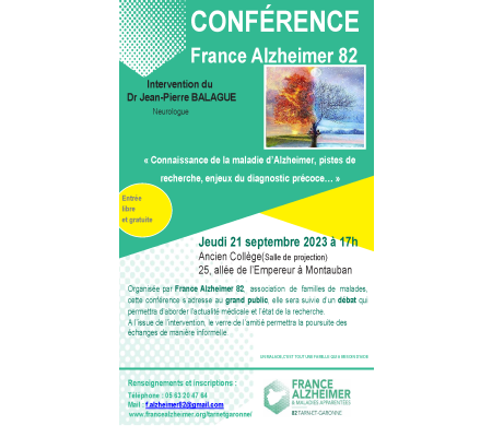 Conférence « Connaissance de la maladie d’Alzheimer, pistes de recherche, enjeux du diagnostic précoce… », jeudi 21 septembre à Montauban