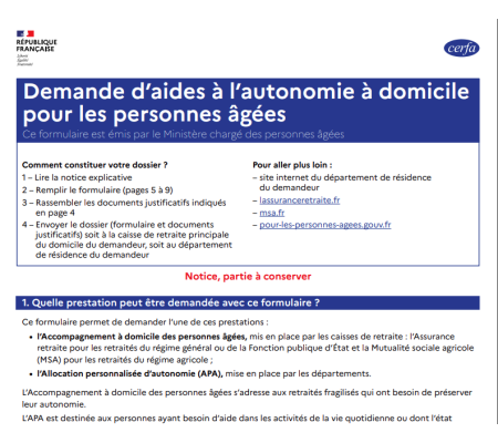 Nouveau formulaire unique "demande d'aides à l'autonomie à domicile" 